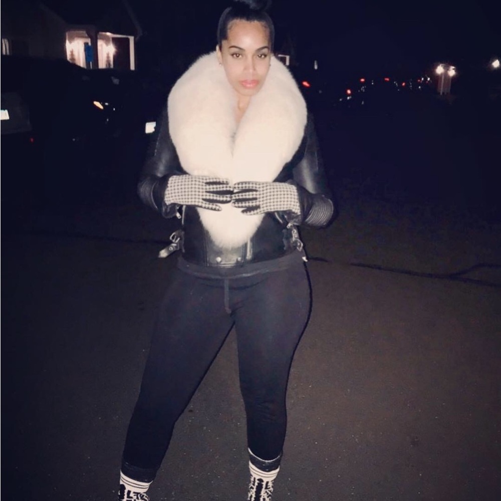 Women's Black leather biker jacket with White Fox Fur